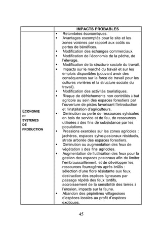 IMPACTS PROBABLES
             §   Retombées économiques.
             §   Avantages escomptés pour le site et les
                 zones voisines par rapport aux coûts ou
                 pertes de bénéfices.
             §   Modification des échanges commerciaux.
             §   Modification de l’économie de la pêche, de
                 l’élevage.
             §   Modification de la structure sociale du travail.
             §   Impacts sur le marché du travail et sur les
                 emplois disponibles (pouvant avoir des
                 conséquences sur la force de travail pour les
                 cultures vivrières et la structure sociale du
                 travail).
             §   Modification des activités touristiques.
             §   Risque de défrichements non contrôlés à but
                 agricole au sein des espaces forestiers par
                 l’ouverture de pistes favorisant l’introduction
                 et l’installation d’agriculteurs.
ECONOMIE
             §   Diminution ou perte de ressources sylvicoles
ET
                 en bois de service et de feu, de ressources
SYSTEMES
                 utilisées à des fins de subsistance par les
DE
                 populations.
PRODUCTION
             §   Pressions exercées sur les zones agricoles :
                 jachères, espaces sylvo-pastoraux résiduels,
                 strate arborée des espaces forestiers.
             §   Diminution ou augmentation des feux de
                 végétation à des fins agricoles.
             §   Augmentation de l’utilisation des feux pour la
                 gestion des espaces pastoraux afin de limiter
                 l’embroussaillement, et de développer les
                 ressources fourragères après brûlis :
                 sélection d’une flore résistante aux feux,
                 destruction des espèces ligneuses par
                 passage répété des feux tardifs,
                 accroissement de la sensibilité des terres à
                 l’érosion, impacts sur la faune.
             §   Abandon des pépinières villageoises
                 d’espèces locales au profit d’espèces
                 exotiques.


                           45
 