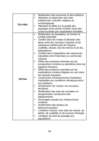 §   Modification des coutumes et des traditions.
           §   Altération et destruction des sites
               traditionnels, culturels, religieux ou
               archéologiques.
CULTUREL
           §   Altération et effets sur la qualité des
               paysages et les points d’intérêt visuel des
               zones touchées par l’exploitation forestière.
           §   Modification du parcellaire, du foncier et
               conflits potentiels.
           §   Conflits dans les modes d’utilisation des
               terres entre les nouveaux migrants et les
               utilisateurs traditionnels de l’espace :
               cueillette, chasse, bois de service et de feu,
               pastoralisme.
           §   Conflits dans l’exploitation des ressources
               naturelles entre Fokontany ou communes
               voisines.
           §   Effets des pressions exercées par les
               prospections minières ou pétrolières dans les
               espaces forestiers.
           §   Effets des pressions exercées par les
               exploitations minières (légales ou non) dans
               les espaces forestiers.
           §   Construction d’infrastructures d’habitation
SPATIAL
               inadaptées aux conditions climatiques et/ou
               aux traditions.
           §   Amélioration de l’accès à de nouveaux
               territoires.
           §   Modification des axes de circulation et
               réorganisation consécutive des
               déplacements.
           §   Dommages causés aux infrastructures
               routières.
           §   Amélioration des réseaux de
               télécommunication
           §   Limitation d’accès à des sites de chasse, de
               pêche, de cueillette ou de sources d’énergie.
           §   Limitation de droit de passage aux
               populations.




                        46
 