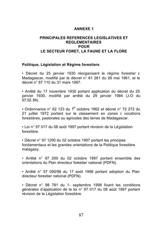 ANNEXE 1

          PRINCIPALES REFERENCES LEGISLATIVES ET
                     REGLEMENTAIRES
                          POUR
          LE SECTEUR FORET, LA FAUNE ET LA FLORE


Politique, Législation et Régime forestiers

• Décret du 25 janvier 1930 réorganisant le régime forestier à
Madagascar, modifié par le décret n° 61 261 du 26 mai 1961, et le
décret n° 87 110 du 31 mars 1987.

• Arrêté du 17 novembre 1930 portant application du décret du 25
janvier 1930, modifié par arrêté du 29 janvier 1984 (J.O du
07.02. 84).
                              er
• Ordonnance n° 62 123 du 1 octobre 1962 et décret n° 72 272 du
21 juillet 1972 portant sur le classement en zones à vocations
forestières, pastorales ou agricoles des terres de Madagascar.

• Loi n° 97 017 du 08 août 1997 portant révision de la Législation
forestière.

• Décret n° 97 1200 du 02 octobre 1997 portant les principes
fondamentaux et les grandes orientations de la Politique forestière
malagasy.

• Arrêté n° 97 200 du 02 octobre 1997 portant ensemble des
orientations du Plan directeur forestier national (PDFN).

• Arrêté n° 57 090/98 du 17 août 1998 portant adoption du Plan
directeur forestier national (PDFN).

• Décret n° 98 781 du 1- septembre 1998 fixant les conditions
générales d’application de la loi n° 97 017 du 08 août 1997 portant
révision de la Législation forestière.




                                   87
 
