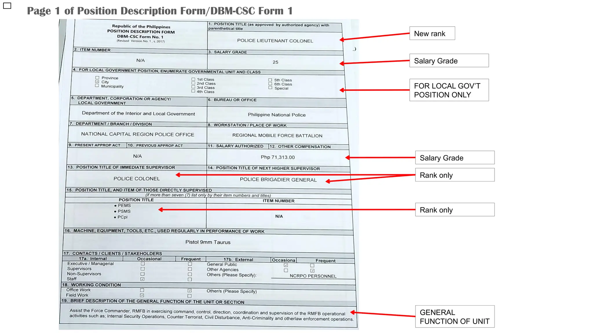 Page 1 of Position Description Form/DBM-CSC Form 1
LOW
MODERATE or
High
New rank
Salary Grade
Salary Grade
Rank only
Rank only
GENERAL
FUNCTION OF UNIT
FOR LOCAL GOV’T
POSITION ONLY
 