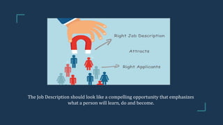 The Job Description should look like a compelling opportunity that emphasizes
what a person will learn, do and become.
 
