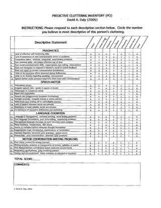 PREDICTIVE CLUTTERING INVENTORY (PCI) 

                                                         David A. Daly (2006) 


                 INSTRUCTIONS: Please respond to each description section below. Circle the number 

                             you believe is most descriptive of this person's cluttering. 



                                 Descriptive Statement
                                                                                  /;/;,/;il!J0%
                                                                                        $
                                                                                       :#
                                                                                                     ~
                                                                                                    4~
                                                                                                         ~
                                                                                                         "{"
                                                                                                               ~


                                                                                                               ","
                                                                                                                   ~
                                                                                                                      ~
                                                                                                                     f:!
                                                                                                                               II

                                                                                                                                     ..t i
                                                                                                                                               ",.,.<1;­
                                                                                                                                              ;s
                                                                                                                                             .:;
                                                                                                                                                      Cb


                                                                                                                                                           ~
                                                                                                                                                       ~I!!'
                                                                                                                                                               ~


                                                                                                                                                                   ;!'
                                                                                                                                                                       ~I;




                                                                                          ~
                                      PRAGMATICS
 1. lack of effective self-monitoring skills                                       6            5              4
2. lack of awareness of own communication errors or problems                       6            5              4                                                   0
3. Compulsive talker; verbose; tangential; word-finding problems                   6            5              4                                                   0
4. Poor planning skills; mis-judges effective use of time                                   i 2                4           3        2                              0
S. Poor social communication skills; inappropriate tum-taking; interruptions       6        12                 4           3        2                  1           0
6   Does not recognize or respond to listener's visual or verbal feedback          6            S              4           3        2                  1           0
7. Does not repair or correct communication breakdowns                             6            5              4           3        2                  1           0
8. little or no excessive effort Qbserved during disfluencies                      6            5              4           3        2                  1           0
9. Uttle or no anxiety regarding speaking; unconcerned
10. Speech better under pressure (improves short-term with concentration)
                                                                                   6            5              4
                                                                                                                           t        2                  1

                                                                                                                                                               ±J
                                                                                                                               W
                                                                                   6            5              4                                   -
                                                                                                                                                       1
                                    SPEECH-MOTOR                                            I
11. Articulation errors                                                                         5              4           3                           1           0
12. Irregular speech rate; speaks in spurts or bursts                              6            5              4           3        2                  1           0
13. Telescopes or condenses words                                                  6            5              4           3        2                  1           0
14. Rapid rate (tachylalia)                                                        6            5              4           3        2.                 1           0
15. Speech rate progreSSively increases (festinating)                              6            S              4           3        2.             1               0
16. Variable prosOdy; irregular melody or stress pattern                           6            S              4           3        2              1               0
17. Initial,loud voice trailing off to unintelligible murmur                       6            5              4                                   1               0
18. ~ck of pauses between words and phrases                                                     5              4                                   1               0
19. Repetition of multi-syllablic words and phrases                                             5              4                                   1               0
2.0. Co-existence of excessive disfluencies and stuttering                         6                           4           3        2              1               0
                                 LANGUAGE-COGNmON                                           1­
2.1. language is disorganized; confused wording; word-finding problems
22.. Poor language formulation; poor story-telling; sequencing problems
2.3. Disorganized language increases as topic becomes more complex
                                                                                   6
                                                                                   6
                                                                                   6
                                                                                             s
                                                                                                S
                                                                                                S
                                                                                                               4
                                                                                                               4
                                                                                                               4
                                                                                                                           3
                                                                                                                           3
                                                                                                                           3
                                                                                                                                    ±=
                                                                                                                                    2.
                                                                                                                                                   1
                                                                                                                                                   1
                                                                                                                                                   1
                                                                                                                                                                   0
                                                                                                                                                                   0
                                                                                                                                                                   0
2.4. Many revisions; interjections; filler words                                   6            5              4           3        2              1               0
2S.   Seems to verbalize before adequate thought formulation                       6            S              4           3        2.             1               0
26.   Inappropriate topic introduction, maintenance, or termination                6            S              4           3        2              1               0
27.   Improper linguistic structure; poor grammar, syntax errors                                                                                                             I
                                                                                                                                    ~=t=i
                                                                                   6            S              4           3                                       0
28.   Distractible; poor concentration; attention span problems                    6            5              4           3                                       0


                                                                                                                           ~
                  MOTOR COORDINATION-WRITING PROBLEMS                                                                                                                        I
~otor control for writing (messy)
           9 includes omission or transposition of letters, syllables, or words
                                                                                  w=
                                                                                   6
                                                                                                5
                                                                                                S
                                                                                                               4
                                                                                                               4           3
                                                                                                                                    2
                                                                                                                                    2
                                                                                                                                                   1
                                                                                                                                                   1
                                                                                                                                                                   0
                                                                                                                                                                   0
31. 'Oral diadochokinetic coordination below expected normed levels                6            S              4           3        2              1               0
32. Respiratory dysrhythmia; jerky breathing pattern                               6            S              4           3        2              1               0
33. Oumsy and uncoordinated; motor activities accelerated or impulsive             6            S              4           3        2              1               0

      TOTAL SCORE:_ _

      COMMENTS:




      C.   David A. Daly. 2006
 