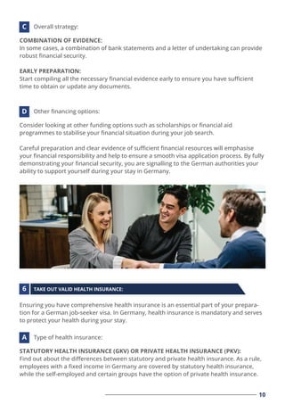 COMBINATION OF EVIDENCE:
In some cases, a combination of bank statements and a letter of undertaking can provide
robust ﬁnancial security.
EARLY PREPARATION:
Start compiling all the necessary ﬁnancial evidence early to ensure you have suﬃcient
time to obtain or update any documents.
Overall strategy:
C
STATUTORY HEALTH INSURANCE (GKV) OR PRIVATE HEALTH INSURANCE (PKV):
Find out about the diﬀerences between statutory and private health insurance. As a rule,
employees with a ﬁxed income in Germany are covered by statutory health insurance,
while the self-employed and certain groups have the option of private health insurance.
Type of health insurance:
A
Consider looking at other funding options such as scholarships or ﬁnancial aid
programmes to stabilise your ﬁnancial situation during your job search.
Careful preparation and clear evidence of suﬃcient ﬁnancial resources will emphasise
your ﬁnancial responsibility and help to ensure a smooth visa application process. By fully
demonstrating your ﬁnancial security, you are signalling to the German authorities your
ability to support yourself during your stay in Germany.
Other ﬁnancing options:
D
10
Ensuring you have comprehensive health insurance is an essential part of your prepara-
tion for a German job-seeker visa. In Germany, health insurance is mandatory and serves
to protect your health during your stay.
TAKE OUT VALID HEALTH INSURANCE:
6
 