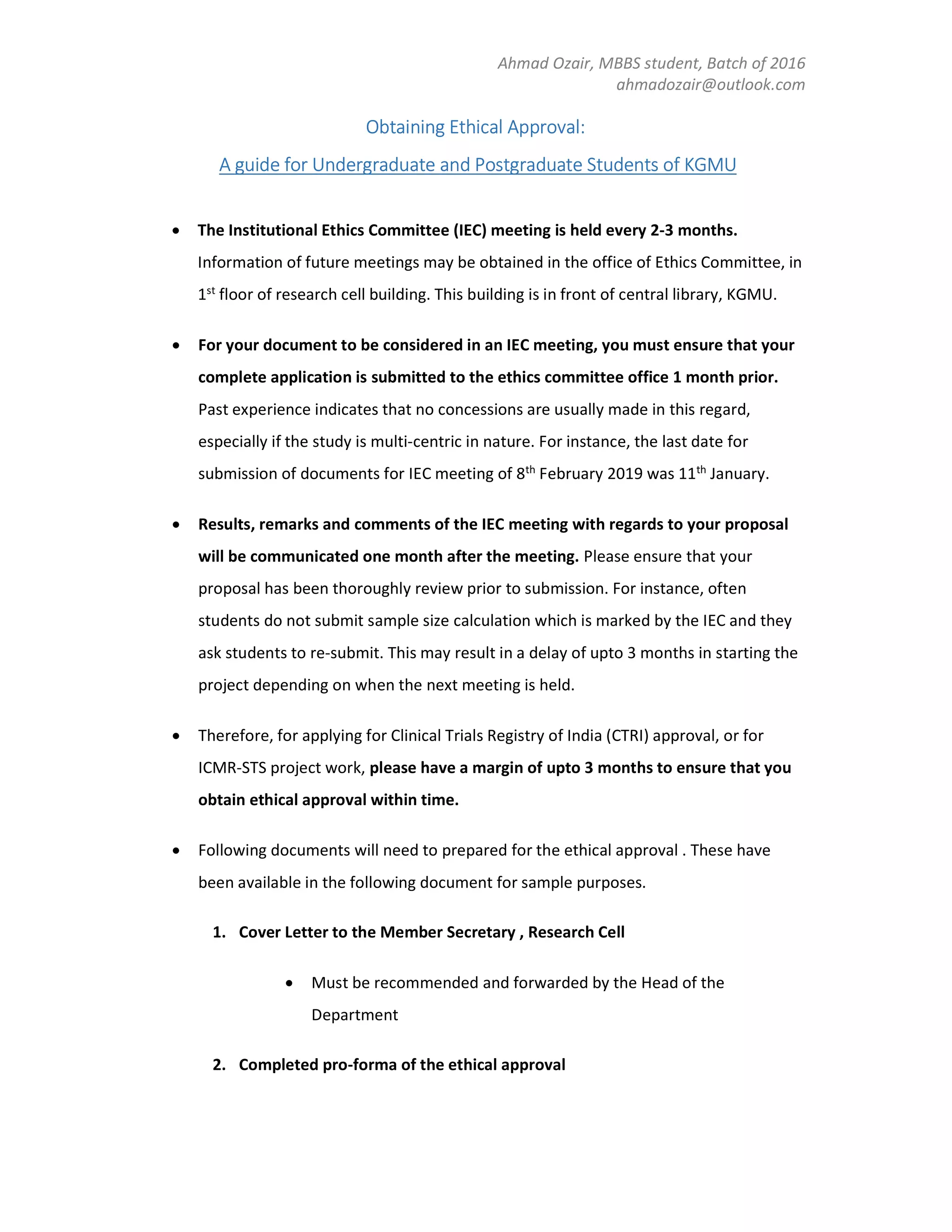 Guide to Obtaining IEC/IRB (ethics committee/review board) approval in ...