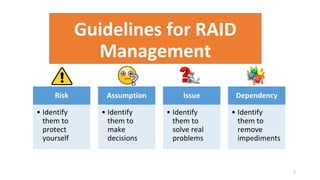 Guidelines for RAID
Management
1
Risk
• Identify
them to
protect
yourself
Assumption
• Identify
them to
make
decisions
Issue
• Identify
them to
solve real
problems
Dependency
• Identify
them to
remove
impediments
 