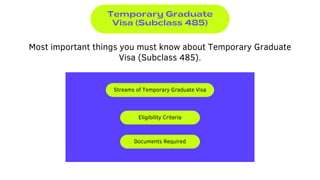 Streams of Temporary Graduate Visa
Eligibility Criteria
Documents Required
Temporary Graduate
Visa (Subclass 485)
Most important things you must know about Temporary Graduate
Visa (Subclass 485).
 