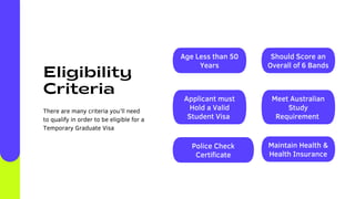 Age Less than 50
Years
Should Score an
Overall of 6 Bands
Police Check
Certificate
Applicant must
Hold a Valid
Student Visa
Meet Australian
Study
Requirement
Maintain Health &
Health Insurance
Eligibility
Criteria
There are many criteria you’ll need
to qualify in order to be eligible for a
Temporary Graduate Visa
 