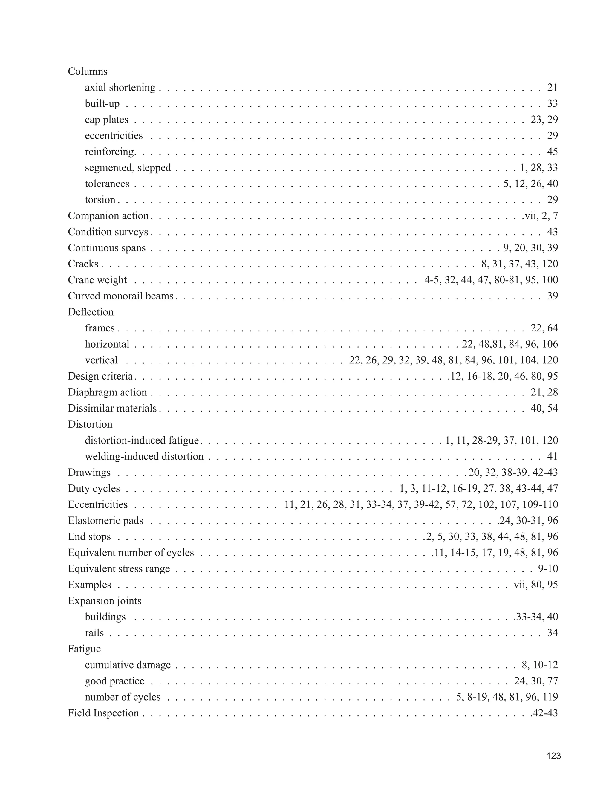 81
'HVLJQ ULWHULD 9DOXH8QLWV
Weight of Crane Trolley 2 721 kg
Bridge Wheels per Rail Total Number
Driven
Two
One
Bridge Wheel Spacing 3 050 mm
Minimum Distance Between Wheels of Cranes in Tandem N.A
Maximum Wheel Load, Each Crane (not including impact) 169.0 kN
Crane Rail Description
Self Load
ASCE 40, 89 mm height
19.8 kg/m
Rail Joints (bolted or welded) N.A.
Resilient Pad Under Rail? N.A.
Bridge Speed N.A.
Type of Bumpers N.A.
Bumpers Supplied with Crane? N.A.
Bumper Force on Runway End Stop (Ultimate Load) N.A.
Fatigue Criteria:
Vertical - Equivalent passes of one crane, maximum
wheel loads
Horizontal - Equivalent cycles of side thrust at 50% of
maximum side thrust
N.A.
'HÀHFWLRQ ULWHULD
Vertical Limit (one crane, not including impact)
Horizontal Limit
Span/600
Span/400
Impact Criteria:
Percentage of maximum wheel loads, one crane only
25%
Other Considerations N.A.

:HLJKW HUWL¿HG N.A
 