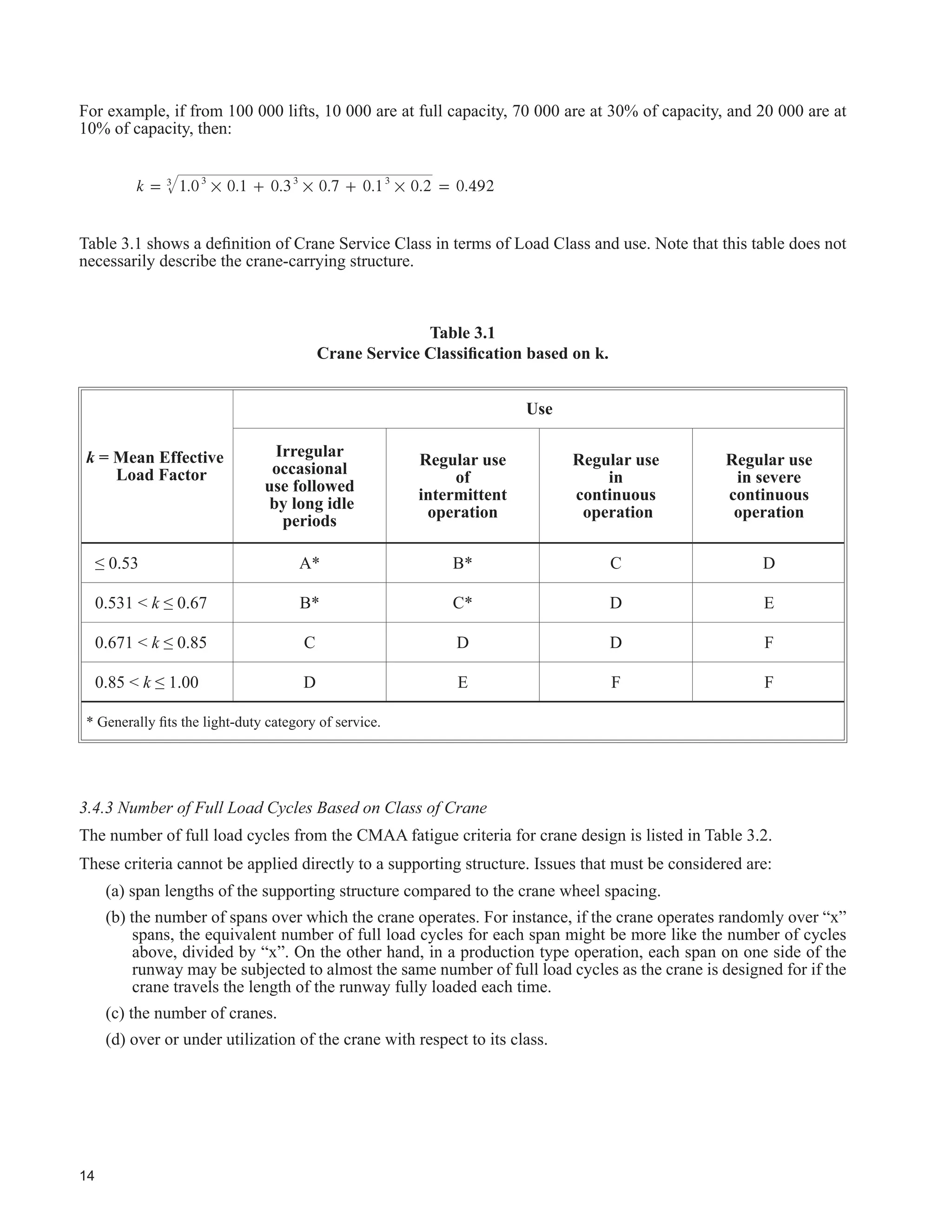 8
CHAPTER 3 - DESIGN FOR REPEATED LOADS
3.1 General
7KH PRVW VLJQL¿FDQW GLIIHUHQFH EHWZHHQ RUGLQDU LQGXVWULDO EXLOGLQJV DQG WKRVH VWUXFWXUHV WKDW VXSSRUW FUDQHV LV
the repetitive loading caused by cranes. Steel structures that support cranes and hoists require special attention
to the design and the details of construction in order to provide safe and serviceable structures, particularly as
related to fatigue. The fatigue life of a structure can be described as the number of cycles of loading required
WR LQLWLDWH DQG SURSDJDWH D IDWLJXH FUDFN WR ¿QDO IUDFWXUH )RU PRUH GHWDLOHG LQIRUPDWLRQ VHH 'HPR DQG )LVKHU
(1976), Kulak and Grondin (2009), Fisher, Kulak and Smith (1997), Fisher and Van de Pas (2002), Millman
(1996), Reemsnyder and Demo (1998) and Ricker (1982).
The vast majority of crane runway beam problems, whether welded or bolted, are caused by fatigue cracking
of welds, bolts and parent metal. Problems have not been restricted to the crane runway beams, however. For
example, trusses or joists that are not designed for repeated loads from monorails or underslung cranes have
IDLOHG GXH WR XQDFFRXQWHGIRU IDWLJXH ORDGLQJ )RU DOO FUDQH VHUYLFH FODVVL¿FDWLRQV WKH GHVLJQHU PXVW H[DPLQH WKH
structural components and details that are subjected to repeated loads to ensure the structure has adequate fatigue
resistance. Members to be checked for fatigue are members whose loss due to fatigue damage would adversely
affect the integrity of the structural system.
As given in S16-09, Clause 26, the principal factors affecting the fatigue performance of a structural detail are
considered to be the nature of the detail, the range of stress to which the detail is subjected, and the number of
cycles of a load. The susceptibility of details to fatigue varies and, for convenience, Clause 26, in common with
IDWLJXH UHTXLUHPHQWV LQ VWDQGDUGV ZRUOGZLGH VSHFL¿HV D OLPLWHG QXPEHU RI GHWDLO FDWHJRULHV )RU HDFK FDWHJRU
the relationship between the allowable fatigue stress range of constant amplitude and the number of cycles of
loading is given. These are the S-N (stress vs. number of cycles) curves.
Two methods of assessing crane-supporting structures for fatigue have developed. Historically, at least for
VWUXFWXUHV ZLWK UHODWLYHO KHDY FUDQH VHUYLFH WKH ¿UVW RI WKHVH ZDV WR FODVVLI WKH VWUXFWXUH E ³ORDGLQJ FRQGLWLRQ´
as related to the crane service. Section 3.4.1 covers this. While this has worked reasonably well, this approach has
two shortcomings. First, the number of cycles, by “pigeon-holing” the structure, may be set somewhat too high as
related to the service life of the structure in question, and second, only the maximum stress range is considered.
The second, more recent, approach is to assess the various ranges of stress and corresponding numbers of cycles
to which the detail is subjected and to try to determine the cumulative effect using the Palmgren-Miner rule as
given in Section 3.3.2. This can be advantageous, especially in examining existing structures.
The assessment of the number of cycles nN requires care as an element of the structure may be exposed to fewer
or more repetitions than the number of crane lifts or traverses along the runway. For example, if out-of-plane
EHQGLQJ LV H[HUWHG RQ D FUDQH UXQZD EHDP ZHE DW LWV MXQFWLRQ ZLWK WKH WRS ÀDQJH E D UDLO ZKLFK LV RIIFHQWUH
D VLJQL¿FDQW UHSHWLWLYH ORDG RFFXUV DW HYHU ZKHHO SDVVDJH DQG WKH QXPEHU RI FFOHV LV ³Q´ WLPHV WKH QXPEHU RI
crane passages “N” where “n” is the number of wheels on the rail, per crane. Also, for short-span crane runway
beams depending on the distances between the crane wheels, one pass of the crane can result in more than one
loading cycle on the beam, particularly if cantilevers are involved. On the other hand, when the crane lifts and
traverses are distributed among several bays, a particular runway beam will have fewer repetitions than the
number of lifts. For additional discussion of crane-structure interaction, see Section 5.2.
The provisions here apply to structures supporting electrically operated, top running, overhead travelling cranes
(commonly referred to as EOT’s), underslung cranes, and monorails. Light-duty crane support structures, where
components are subjected to not more than 20 000 cycles of repeated load and where high ranges of stress in
fatigue susceptible details are not present, need not be designed for fatigue.
It is necessary to evaluate the effect of repeated crane loadings before concluding that fewer than 20 000 cycles of
loading will occur. Referring to Table 3.3 and 3.4, and Section 3.4.3, even supporting structures for Crane Service
ODVVL¿FDWLRQ $ FRXOG UHTXLUH FRQVLGHUDWLRQ RI VRPHZKDW PRUH WKDQ   IXOO FFOHV RI UHSHDWHG ORDG
 ([FOXVLRQ IRU /LPLWHG 1XPEHU RI FOHV
Clause 26.3.5 of S16-09 presents the situation when the number of stress range cycles of loading is limited and
fatigue is therefore not likely to be a problem. First, fatigue-sensitive details with high stress ranges, likely with
 