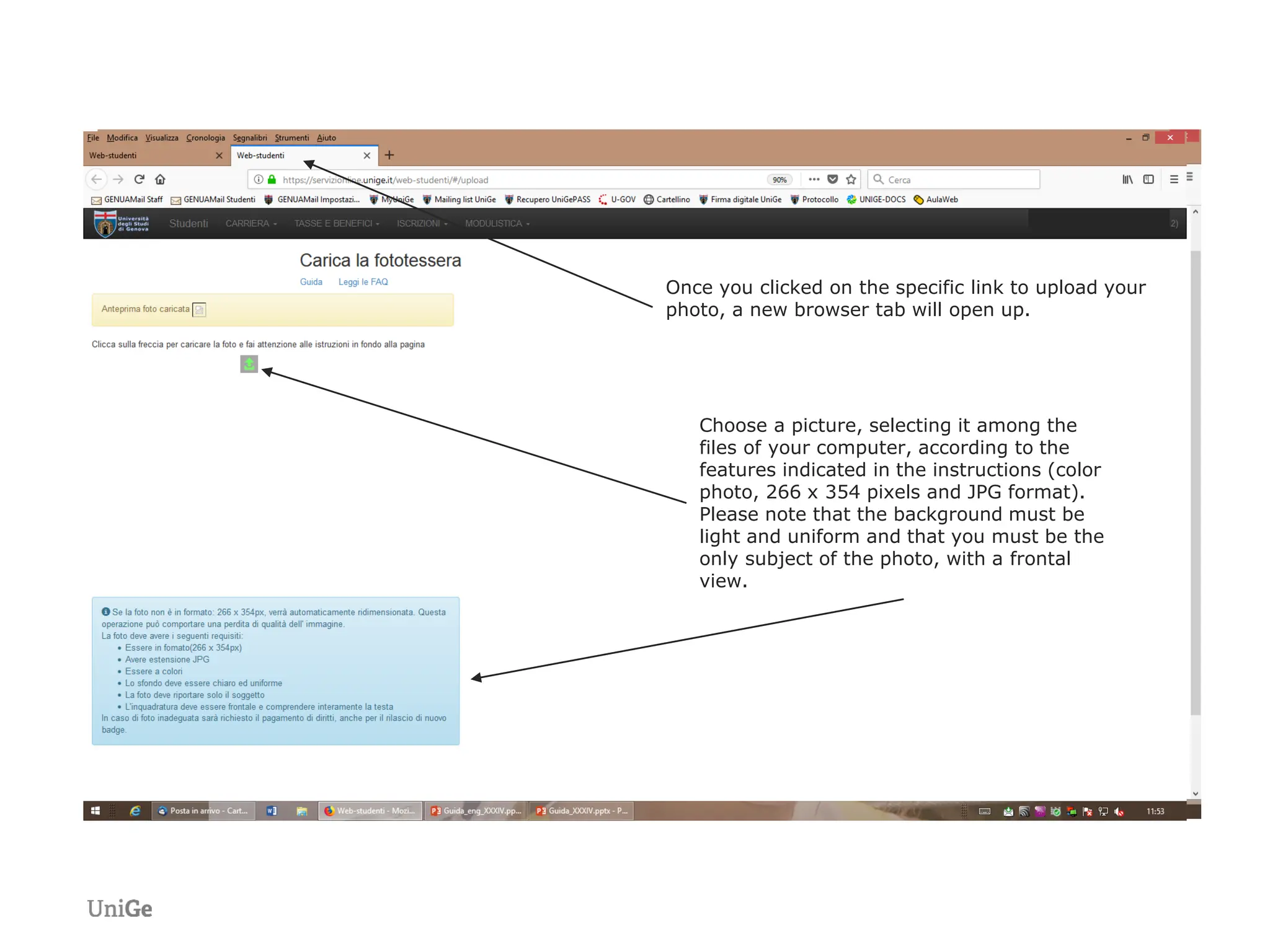 Once you clicked on the specific link to upload your
photo, a new browser tab will open up.
Choose a picture, selecting it among the
files of your computer, according to the
features indicated in the instructions (color
photo, 266 x 354 pixels and JPG format).
Please note that the background must be
light and uniform and that you must be the
only subject of the photo, with a frontal
view.
 