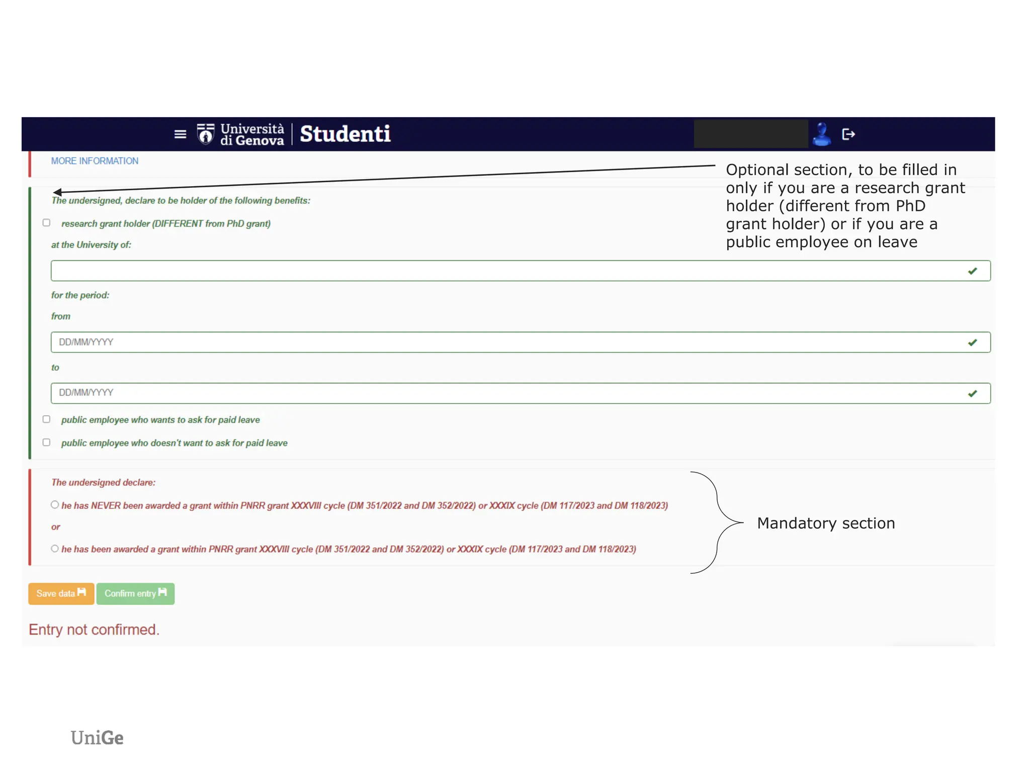 Optional section, to be filled in
only if you are a research grant
holder (different from PhD
grant holder) or if you are a
public employee on leave
Mandatory section
 