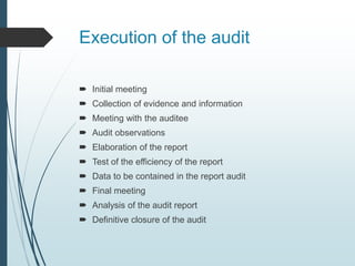 Execution of the audit
 Initial meeting
 Collection of evidence and information
 Meeting with the auditee
 Audit observations
 Elaboration of the report
 Test of the efficiency of the report
 Data to be contained in the report audit
 Final meeting
 Analysis of the audit report
 Definitive closure of the audit
 