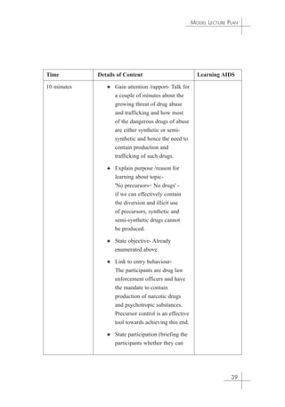 Time Details of Content Learning AIDS 
10 minutes ✦ Gain attention /rapport- Talk for 
a couple of minutes about the 
growing threat of drug abuse 
and trafficking and how most 
of the dangerous drugs of abuse 
are either synthetic or semi-synthetic 
and hence the need to 
contain production and 
trafficking of such drugs. 
✦ Explain purpose /reason for 
learning about topic- 
'No precursors= No drugs' - 
if we can effectively contain 
the diversion and illicit use 
of precursors, synthetic and 
semi-synthetic drugs cannot 
be produced. 
✦ State objective- Already 
enumerated above. 
✦ Link to entry behaviour- 
The participants are drug law 
enforcement officers and have 
the mandate to contain 
production of narcotic drugs 
and psychotropic substances. 
Precursor control is an effective 
tool towards achieving this end. 
✦ State participation (briefing the 
participants whether they can 
MODEL LECTURE PLAN 
39 
 
