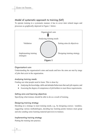GUIDE FOR TRAINERS 
Model of systematic approach to training (SAT) 
To operate training in a systematic manner, it has to cover inter related stages and 
processes as graphically depicted in Figure 1 below: 
Organisation's aim 
Understanding the organisation's aims and needs and how the aims are met by range 
of jobs that exist in the organisation. 
Analysing training needs: 
Finding out what people need to learn. This is done by: 
✦ Analysing the knowledge, skills and attitudes/behaviours that each job requires; and 
✦ Assessing the degree of competence of job-holders to meet those requirements. 
Setting aims and learning objectives 
Specifying what trainees should be able to do as a result of training. 
Designing training strategy 
Deciding on a strategy to meet training needs, e.g., by designing courses / modules, 
suggesting various methodologies, deciding key learning points trainees must grasp 
and also sending some learning material (preview) to trainees. 
Implementing training strategy 
Putting the training into practice. 
4 
Organisation's aim 
Analysing training needs 
Setting aims & objectives 
Implementing training Designing training strategy 
strategies 
Figure 1 
Validation 
 