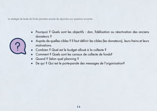 La stratégie de levée de fonds permettra ensuite de répondre aux questions suivantes :
Pourquoi ? Quels sont les objectifs : don, ﬁdélisation ou réactivation des anciens
donateurs ?
Auprès de quelles cibles ? Il faut déﬁnir les cibles (les donateurs), leurs freins et leurs
motivations.
Combien ? Quel est le budget alloué à la collecte ?
Comment ? Quels sont les canaux de collecte de fonds?
Quand ? Selon quel planning ?
De qui ? Qui est le porte-parole des messages de l'organisation?
14
 