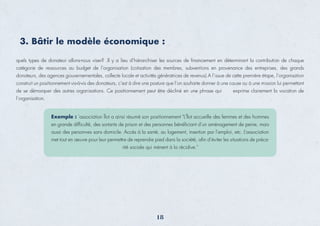 quels types de donateur allons-nous viser? .Il y a lieu d’hiérarchiser les sources de ﬁnancement en déterminant la contribution de chaque
catégorie de ressources au budget de l’organisation (cotisation des membres, subventions en provenance des entreprises, des grands
donateurs, des agences gouvernementales, collecte locale et activités génératrices de revenus).A l’issue de cette première étape, l’organisation
construit un positionnement vis-à-vis des donateurs, c’est à dire une posture que l’on souhaite donner à une cause ou à une mission lui permettant
de se démarquer des autres organisations. Ce positionnement peut être décliné en une phrase qui exprime clairement la vocation de
l’organisation.
Exemple : ’association Îlot a ainsi résumé son positionnement "L’Îlot accueille des femmes et des hommes
en grande difﬁculté, des sortants de prison et des personnes bénéﬁciant d’un aménagement de peine, mais
aussi des personnes sans domicile. Accès à la santé, au logement, insertion par l’emploi, etc. L’association
met tout en œuvre pour leur permettre de reprendre pied dans la société, aﬁn d’éviter les situations de préca-
rité sociale qui mènent à la récidive."
3. Bâtir le modèle économique :
18
 