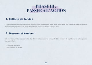 PHASE III :
PASSER À L’ACTION
Il s'agit maintenant de se lancer en suivant le plan d’action précédemment établi, étape après étape, sans oublier de mettre en place des
phases de pilotage (comité, outils, etc.), aﬁn de faire le point sur la situation à chaque phase.
1. Collecte de fonds :
Cela permet de contrôler ce qui est réalisé, d’en déterminer les succès et les échecs, aﬁn d'être en mesure de capitaliser sur les actions passées.
Pour cela , il faut :
Choisir des indicateurs:
Faire connaître les résultats
2. Mesurer et évaluer :
22
 
