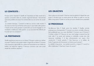 LE CONTEXTE :
Pourquoi est-ce important ? Quelle est l’importance et l’état actuel de la
question concernée (dans le contexte régional/national/ international)
quel est le problème de base ? et comment êtes-vous sûr du lien de causali-
té ?
Le contexte historique : Comment en êtes-vous arrivé à cette situation ?
Qu’avez-vous fait et qu’ont fait les autres jusqu’ici pour traiter cette question
? Quels sont les autres groupes ou particuliers qui se sont engagés ou ont
manifesté un intérêt pour cette question, ou qui pourraient être affectés par
le projet que vous proposez ?
LA PERTINENCE
Quelle expérience avez-vous sur ce thème ? Pourquoi voulez-vous réaliser
ce projet ? Quel est votre propre intérêt à l’égard de ce thème ? Comment
votre proposition répond-elle aux critères de ﬁnancement et aux intérêts du
bailleur de fonds/de l’agence ? Etes-vous convaincu que votre projet
remplit les conditions requises ?
LES OBJECTIFS
Que voulez-vous accomplir ? Quel est votre but global et l’objectif de votre
projet ? Qu’est-ce que ce projet prévoit de réaliser et quels en sont les
effets à long terme ? Quels en sont les principaux bénéﬁciaires potentiels?
LE PROCESSUS
Qu’allez-vous faire ? Quels seront les résultats ? Quelles activités
proposez-vous d’entreprendre ? Comment ces actions vont-elles inﬂuencer
le(s) problème(s) que vous avez identiﬁé(s) ? Comment sera t-il ﬁnancé ?
Combien coûtera t-il ? Etes-vous sûr que votre budget comprend tous les
coûts réels ? Le projet est-il pratique et réalisable compte tenu des
ressources mobilisées ? Si des coﬁnancements sont requis, d’où
viendront-ils ? Sont-ils garantis ? Que ferez-vous si le bailleur de
fonds/l’organisme de ﬁnancement ne ﬁnance pas le projet ?
La viabilité à long terme : Les résultats auront-ils un impact ? Y aura-t-il un
effet multiplicateur ? Quel sera l’avenir du projet ?
24
 