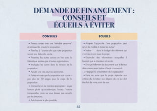 DEMANDE DE FINANCEMENT :
CONSEILS ET
ÉCUEILS À ÉVITER
Adopter l’approche “une proposition peut
servir de modèle à toutes les autres”
Insérer dans le budget des éléments qui
n’ont rien à voir avec le projet.
Dissimuler des informations auxquelles il
faudrait que le donateur ait accès.
Envoyer tellement de documents que le lecteur
abandonne avant même d’avoir commencé.
Négliger la présentation de l’organisation
Faire en sorte que le projet réponde aux
critères du donateur aux dépens de ce qui doit
être fait de votre point de vue.
Prenez contact avec une “véritable personne”
et adressez-lui ensuite la proposition.
Planiﬁez à l’avance aﬁn que votre proposition
ne soit pas faite à la va-vite .
Présentez les autres actions en lien avec la
thématique portées par d’autres organisations
Impliquez les autres dans la révision de la
proposition.
Ajouter une liste pour les acronymes.
Faites en sorte que la proposition soit courte –
pas plus de 10 pages pour le corps de la
proposition
Donnez le ton de manière appropriée – soyez
humain plutôt qu’académique, laissez l’histoire
transparaître, mais ne vous laissez pas envahir
par les émotions.
Autoﬁnancer le plus possible,
CONSEILS ECUEILS
35
 