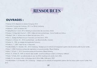 Admical, 2014, Répertoire du mécénat d’entreprise 2014.
Association Française des Fundraisers, 2015, Les Clés du Fundraising.
Debiesse, F., 2007, Le mécénat, PUF.
Gallopel-Morvan, K. et al., 2013, Marketing et communication des associations, Dunod.
Daubas, P., & Bigot de la Touanne S., 2009, Collecte de fonds et philanthropie : Droit et Fiscalité, Juris Editions.
Daubas,P., Edin, V., Se lancer dans la collecte de fonds privés, 2012.
Drot, C., Stratégie des Ressources pour l’association, Juris Associations, 2005.
Gautier, A., & Pache, A-C., 2014, La philanthropie : une affaire de familles, Autrement.
Gendre, G., 1996, Les stratégies de la générosité, Economica.
Godbout, J. T., 2007, L’esprit du don, La Découverte.
Levallois-Midière, N., Maradeix, M-S., 2010, Fundraising : Stratégies pour la recherche et l'enseignement supérieur dans les secteurs public et privé, Eyrolles.
Rubio, F., 2004, Dictionnaire pratique des organisations non gouvernementales, Ellipses Marketing.
Rubio, F., & Huré, C., 2010, Dictionnaire pratique de l’humanitaire, Ellipses Marketing.
Simon, N., & Eshet, M., 2009, Le mécénat valeur actuelle : quand la société peut compter sur l’entreprise, Gallimard
Pechet, T. & Padis, M-O., Les multinationales du cœur. Les ONG, la politique et le marché, Seuil, 2004
Abélès, M., Les nouveaux riches, un ethnologue dans la Silicon Valley, Odile Jacob, 2002
Levallois-Midière, N. & Maradeix, M-S.,"Fundraising" : Stratégies pour la recherche et l'enseignement supérieur dans les secteurs public et privé, Eyrolles, Paris,
2010
37
RESSOURCES
OUVRAGES :
 