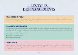 LES TYPES
DE FINANCEMENTS
FINANCEMENT PUBLIC
FINANCEMENT ÉTRANGER
Ce sont les fonds affectés au niveau du budget de l'État (collectivités publiques, établissements et entreprises publiques) dans le but de soutenir et
aider les associations à développer leurs activités et réaliser leurs projets.
C’est des fonds de soutien aux associations pour les aider à réaliser des projets , sous formes de mécanismes de substitutions mis en place par
des bailleurs de fonds (fondations , coopérations internationales et ambassades) pour défendre une cause d'intérêt général. Il existe 3 outils de
levée de fonds pour ce type de ﬁnancement :
Les appels à manifestation d'intérêt
Les appels à candidatures/Projets
Les candidatures spontanées
SPONSORING
Le sponsoring permet d’obtenir un ﬁnancement auprès d’une entreprise privée en échange de la visibilité à des ﬁns commerciales, cette procédure
est très courante en Tunisie. Les organisations optent habituellement pour ce type de fundraising pour des événements spéciﬁques, mais cela peut
couvrir des périodes plus longues.
8
 