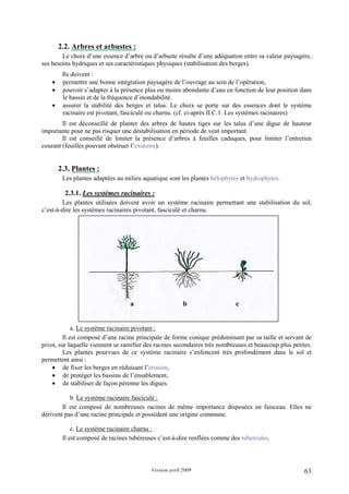 Version avril 2009 63
2.2. Arbres et arbustes :
Le choix d’une essence d’arbre ou d’arbuste résulte d’une adéquation entre sa valeur paysagère,
ses besoins hydriques et ses caractéristiques physiques (stabilisation des berges).
Ils doivent :
• permettre une bonne intégration paysagère de l’ouvrage au sein de l’opération,
• pouvoir s’adapter à la présence plus ou moins abondante d’eau en fonction de leur position dans
le bassin et de la fréquence d’inondabilité.
• assurer la stabilité des berges et talus. Le choix se porte sur des essences dont le système
racinaire est pivotant, fasciculé ou charnu. (cf. ci-après II.C.1. Les systèmes racinaires)
Il est déconseillé de planter des arbres de hautes tiges sur les talus d’une digue de hauteur
importante pour ne pas risquer une déstabilisation en période de vent important.
Il est conseillé de limiter la présence d’arbres à feuilles caduques, pour limiter l’entretien
courant (feuilles pouvant obstruer l’exutoire).
2.3. Plantes :
Les plantes adaptées au milieu aquatique sont les plantes hélophytes et hydrophytes.
2.3.1. Les systèmes racinaires :
Les plantes utilisées doivent avoir un système racinaire permettant une stabilisation du sol,
c’est-à-dire les systèmes racinaires pivotant, fasciculé et charnu.
a. Le système racinaire pivotant :
Il est composé d’une racine principale de forme conique prédominant par sa taille et servant de
pivot, sur laquelle viennent se ramifier des racines secondaires très nombreuses et beaucoup plus petites.
Les plantes pourvues de ce système racinaire s’enfoncent très profondément dans le sol et
permettent ainsi :
• de fixer les berges en réduisant l’érosion,
• de protéger les bassins de l’ensablement,
• de stabiliser de façon pérenne les digues.
b. Le système racinaire fasciculé :
Il est composé de nombreuses racines de même importance disposées en faisceau. Elles ne
dérivent pas d’une racine principale et possèdent une origine commune.
c. Le système racinaire charnu :
Il est composé de racines tubéreuses c’est-à-dire renflées comme des tubercules.
a b c
 