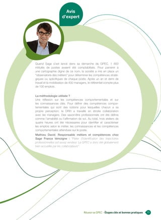 Avis
                      d’expert




Quand Sage s’est lancé dans sa démarche de GPEC, 1 600
intitulés de postes avaient été comptabilisés. Pour parvenir à
une cartographie digne de ce nom, la société a mis en place un
“observatoire des métiers” pour déterminer les compétences straté-
giques ou spécifiques de chaque poste. Après un an et demi de
travail et la mobilisation de 400 managers, le référentiel compte plus
de 100 emplois.


La méthodologie utilisée ?
Une réflexion sur les compétences comportementales et sur
les connaissances clés. Pour définir des compétences compor-
tementales qui sont des notions pour lesquelles chacun a sa
propre perception, la DRH a travaillé en étroite collaboration
avec les managers. Des savoir-être professionnels ont été définis
comme l’amabilité ou l’affirmation de soi. Au total, trois ateliers de
quatre heures ont été nécessaires pour identifier et caractériser
les emplois selon le métier, les connaissances et les compétences
comportementales attendues sur le poste.
Mathieu David, Responsable métiers et compétences chez
Sage France témoigne : “Parler d’identification des trajectoires
professionnelles est assez vendeur. La GPEC a donc été globalement
bien accueillie par les collaborateurs”.




                                        Réussir sa GPEC - Étapes clés et bonnes pratiques   11
 