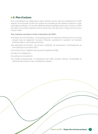 5. Plan d’actions
Pour accompagner les collaborateurs dans l’évolution de leur parcours professionnel, la DRH
dispose d’une panoplie d’outils pour évaluer les compétences des salariés et élaborer un plan
de professionnalisation. En plus des différentes étapes identifiées dans le plan d’actions, la DRH
doit définir des priorités espacées dans le temps avec des plans pour chaque service et pour
chaque métier.

Voici quelques exemples d’outils à disposition des DRH :
• l’entretien annuel d’évaluation : cet échange permet non seulement de faire le point sur l’année
  écoulée mais est également l’occasion d’aborder ouvertement la question de l’évolution
  professionnelle ou des projets personnels ;
• les dispositifs de formation, de formation qualifiante, de reconversion, d’aménagement du
  droit individuel à la formation (DIF) ;
• les actions pour la validation des acquis de l’expérience (VAE) ;
• le bilan de compétences ;
• la politique de recrutement ;
• la mobilité professionnelle, la transparence des offres d’emploi internes, l’accessibilité du
  référentiel des emplois et des compétences requises.




                                                       Réussir sa GPEC - Étapes clés et bonnes pratiques   13
 