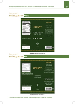 27Exigences réglementaires pour accéder aux marchés Européen et Américain
Guide d’Exportation de l’Huile d’Olive Tunisienne vers le Marché Européen
Exemples 1 :
D’ÉTIQUETTE USA
Figure 4: Exemple étiquette USA
Figure 5: Exemple étiquette UE
Exemples 1 :
D’ÉTIQUETTE UE
 
