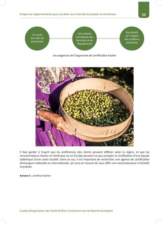 35Exigences réglementaires pour accéder aux marchés Européen et Américain
Guide d’Exportation de l’Huile d’Olive Tunisienne vers le Marché Européen
Il faut garder à l’esprit que les préférences des clients peuvent différer selon la région, et que les
consommateurs Kasher en Amérique ou en Europe peuvent ne pas accepter la certification d’une équipe
rabbinique d’une autre localité. Dans ce cas, il est important de rechercher une agence de certification
d’envergure nationale ou internationale, qui sera en mesure de vous offrir une reconnaissance à l’échelle
mondiale.
Les exigences de l’organisme de certification kasher
Un accès
aux sites de
production
Une refonte
minutieuse des
formules et de
l’équipement
Des détails
sur l’origine
des matières
premières
Annexe 5 : certificat Kasher
 