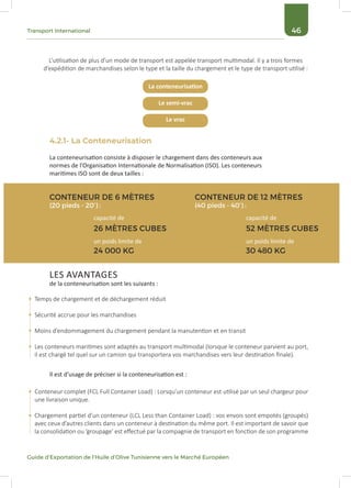 46Transport International
Guide d’Exportation de l’Huile d’Olive Tunisienne vers le Marché Européen
L’utilisation de plus d’un mode de transport est appelée transport multimodal. Il y a trois formes
d’expédition de marchandises selon le type et la taille du chargement et le type de transport utilisé :
La conteneurisation consiste à disposer le chargement dans des conteneurs aux
normes de l’Organisation Internationale de Normalisation (ISO). Les conteneurs
maritimes ISO sont de deux tailles :
Temps de chargement et de déchargement réduit
Sécurité accrue pour les marchandises
Moins d’endommagement du chargement pendant la manutention et en transit
Les conteneurs maritimes sont adaptés au transport multimodal (lorsque le conteneur parvient au port,
il est chargé tel quel sur un camion qui transportera vos marchandises vers leur destination finale).
Conteneur complet (FCL Full Container Load) : Lorsqu’un conteneur est utilisé par un seul chargeur pour
une livraison unique.
Chargement partiel d’un conteneur (LCL Less than Container Load) : vos envois sont empotés (groupés)
avec ceux d’autres clients dans un conteneur à destination du même port. Il est important de savoir que
la consolidation ou ‘groupage’ est effectué par la compagnie de transport en fonction de son programme
LES AVANTAGES
de la conteneurisation sont les suivants :
Il est d’usage de préciser si la conteneurisation est :
CONTENEUR DE 6 MÈTRES
(20 pieds - 20’) :
CONTENEUR DE 12 MÈTRES
(40 pieds - 40’) :
26 MÈTRES CUBES 52 MÈTRES CUBES
24 000 KG 30 480 KG
un poids limite de un poids limite de
capacité de capacité de
La conteneurisation
Le semi-vrac
Le vrac
4.2.1- La Conteneurisation
 
