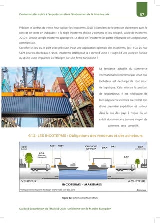 57Evaluation des coûts à l’exportation dans l’élaboration de la liste des prix
Guide d’Exportation de l’Huile d’Olive Tunisienne vers le Marché Européen
6.1.2- LES INCOTERMS : Obligations des vendeurs et des acheteurs
Préciser le contrat de vente Pour utiliser les Incoterms 2010, il convient de le préciser clairement dans le
contrat de vente en indiquant : « la règle Incoterms choisie y compris le lieu désigné, suivie de Incoterms
2010 ». Choisir la règle Incoterms appropriée. Le choix de l’Incoterm fait partie intégrante de la négociation
commerciale.
Spécifier le lieu ou le port avec précision Pour une application optimale des Incoterms, (ex : FCA 25 Rue
Saint Charles, Bordeaux, France, Incoterms 2010) pour la « sortie d’usine » : s’agit-il d’une usine en Tunisie
ou d’une usine implantée à l’étranger par une firme tunisienne ?
La tendance actuelle du commerce
international se concrétise par le fait que
l’acheteur est déchargé de tout souci
de logistique. Cela valorise la position
de l’exportateur. Il est nécessaire de
bien négocier les termes du contrat lors
d’une première expédition et surtout
dans le cas des pays à risque où un
crédit documentaire comme moyen de
paiement sera conseillé.
Figure 22: Schéma des INCOTERMS
 