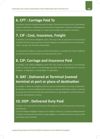 59Evaluation des coûts à l’exportation dans l’élaboration de la liste des prix
Guide d’Exportation de l’Huile d’Olive Tunisienne vers le Marché Européen
6. CPT : Carriage Paid To
7. CIF : Cost, Insurance, Freight
8. CIP: Carriage and Insurance Paid
9. DAT : Delivered at Terminal (named
terminal at port or place of destination
10.	DDP : Delivered Duty Paid
Le vendeur choisit le mode de transport et paye le fret pour le transport de la marchandise
jusqu’à la destination. Il dédouane la marchandise à l’exportation. Quand la marchandise est
remise au transporteur principal, les risques sont transférés du vendeur à l’acheteur.
Le vendeur a les mêmes obligations qu’en CFR mais il doit en plus fournir une assurance
maritime contre le risque de perte ou de dommage de la marchandise au cours du transport.
Il doit s’occuper des formalités d’exportation.
La marchandise voyage aux risques et périls de l’acheteur. Le transfert des risques s’effectue
au moment où les marchandises sont mises à bord du navire.
Le vendeur a les mêmes obligations qu’en CPT, mais il doit en plus fournir une assurance
contre le risque de perte ou de dommage que peut courir la marchandise au cours du
transport. Il dédouane la marchandise à l’exportation.
Le vendeur a rempli ses obligations dès lors que les marchandises sont mises à disposition
de l’acheteur au terminal désigné dans le port ou au lieu de destination convenu. Il assume
les risques liés à l’acheminement des marchandises et au déchargement au terminal du port
ou au lieu de destination convenu.
L’acheteur est responsable et doit payer le déchargement, les tarifs douaniers et les accords
commerciaux
Ce terme désigne l’obligation maximum du vendeur. Il fait tout, y compris le dédouanement
à l’import et le paiement des droits et taxes exigibles. Le transfert des frais et risques se fait
à la livraison chez l’acheteur.
 