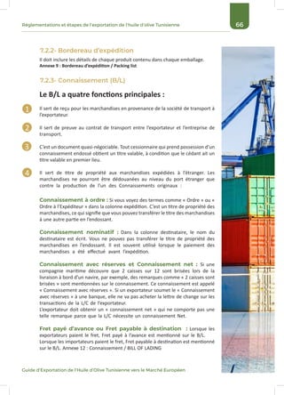 66Réglementations et étapes de l’exportation de l’huile d’olive Tunisienne
Guide d’Exportation de l’Huile d’Olive Tunisienne vers le Marché Européen
7.2.2- Bordereau d’expédition
7.2.3- Connaissement (B/L)
Il sert de reçu pour les marchandises en provenance de la société de transport à
l’exportateur.
Il sert de preuve au contrat de transport entre l’exportateur et l’entreprise de
transport.
C’est un document quasi-négociable. Tout cessionnaire qui prend possession d’un
connaissement endossé obtient un titre valable, à condition que le cédant ait un
titre valable en premier lieu.
Il sert de titre de propriété aux marchandises expédiées à l’étranger. Les
marchandises ne pourront être dédouanées au niveau du port étranger que
contre la production de l’un des Connaissements originaux :
Connaissement à ordre : Si vous voyez des termes comme « Ordre » ou «
Ordre à l’Expéditeur » dans la colonne expédition. C’est un titre de propriété des
marchandises, ce qui signifie que vous pouvez transférer le titre des marchandises
à une autre partie en l’endossant.
Connaissement nominatif : Dans la colonne destinataire, le nom du
destinataire est écrit. Vous ne pouvez pas transférer le titre de propriété des
marchandises en l’endossant. Il est souvent utilisé lorsque le paiement des
marchandises a été effectué avant l’expédition.
Connaissement avec réserves et Connaissement net : Si une
compagnie maritime découvre que 2 caisses sur 12 sont brisées lors de la
livraison à bord d’un navire, par exemple, des remarques comme « 2 caisses sont
brisées » sont mentionnées sur le connaissement. Ce connaissement est appelé
« Connaissement avec réserves ». Si un exportateur soumet le « Connaissement
avec réserves » à une banque, elle ne va pas acheter la lettre de change sur les
transactions de la L/C de l’exportateur.
L’exportateur doit obtenir un « connaissement net » qui ne comporte pas une
telle remarque parce que la L/C nécessite un connaissement Net.
Fret payé d’avance ou Fret payable à destination : Lorsque les
exportateurs paient le fret, Fret payé à l’avance est mentionné sur le B/L.
Lorsque les importateurs paient le fret, Fret payable à destination est mentionné
sur le B/L. Annexe 12 : Connaissement / BILL OF LADING
Il doit inclure les détails de chaque produit contenu dans chaque emballage.
Annexe 9 : Bordereau d’expédition / Packing list
Le B/L a quatre fonctions principales :
1
2
3
4
 