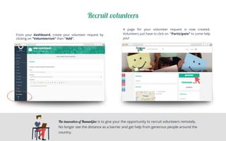 Recruit volunteers
From your dashboard, create your volunteer request by
clicking on “Volunteerism” then “Add”.
	
A page for your volunteer request is now created.
Volunteers just have to click on “Participate” to come help
you!	
The innovation of HumanGive is to give your the opportunity to recruit volunteers remotely.
No longer see the distance as a barrier and get help from generous people around the
country.
 