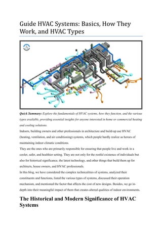 Guide HVAC Systems: Basics, How They
Work, and HVAC Types
Quick Summary: Explore the fundamentals of HVAC systems, how they function, and the various
types available, providing essential insights for anyone interested in home or commercial heating
and cooling solutions.
Indoors, building owners and other professionals in architecture and build-up use HVAC
(heating, ventilation, and air conditioning) systems, which people hardly realize as heroes of
maintaining indoor climatic conditions.
They are the ones who are primarily responsible for ensuring that people live and work in a
cooler, safer, and healthier setting. They are not only for the restful existence of individuals but
also for historical significance, the latest technology, and other things that build them up for
architects, house owners, and HVAC professionals.
In this blog, we have considered the complex technicalities of systems, analyzed their
constituents and functions, listed the various types of systems, discussed their operation
mechanism, and mentioned the factor that affects the cost of new designs. Besides, we go in-
depth into their meaningful impact of them that creates altered qualities of indoor environments.
The Historical and Modern Significance of HVAC
Systems
 