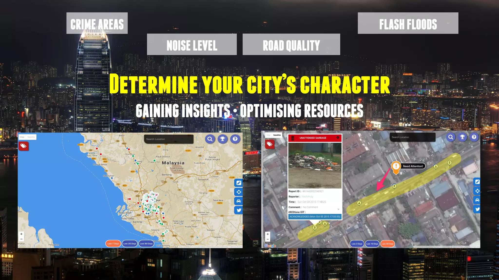 CRIMEAREAS FLASHFLOODS
NOISELEVEL ROADQUALITY
Determineyourcity’scharacter
GAININGINSIGHTS•OPTIMISINGRESOURCES
 