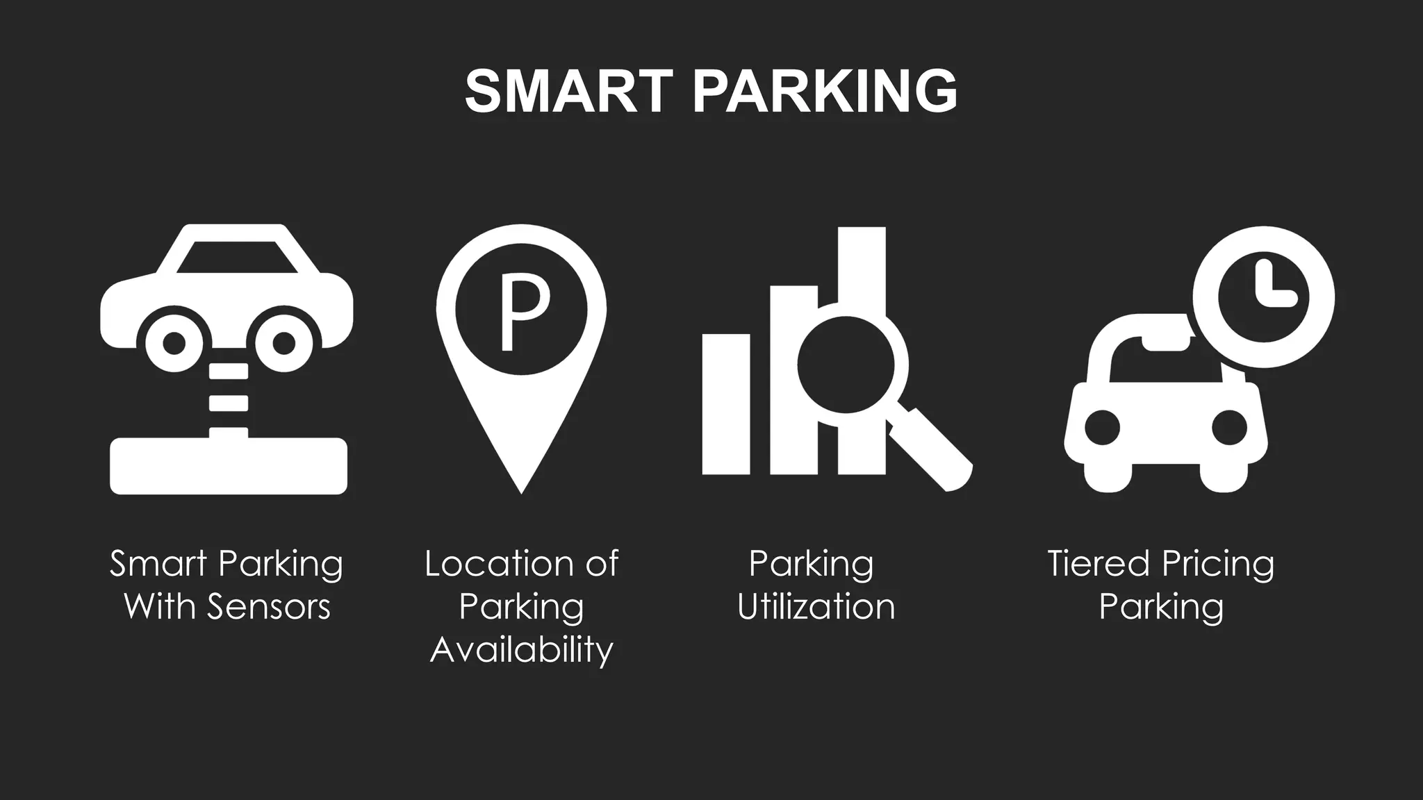 SMART PARKING
Smart Parking
With Sensors
Location of
Parking
Availability
Parking
Utilization
Tiered Pricing
Parking
 