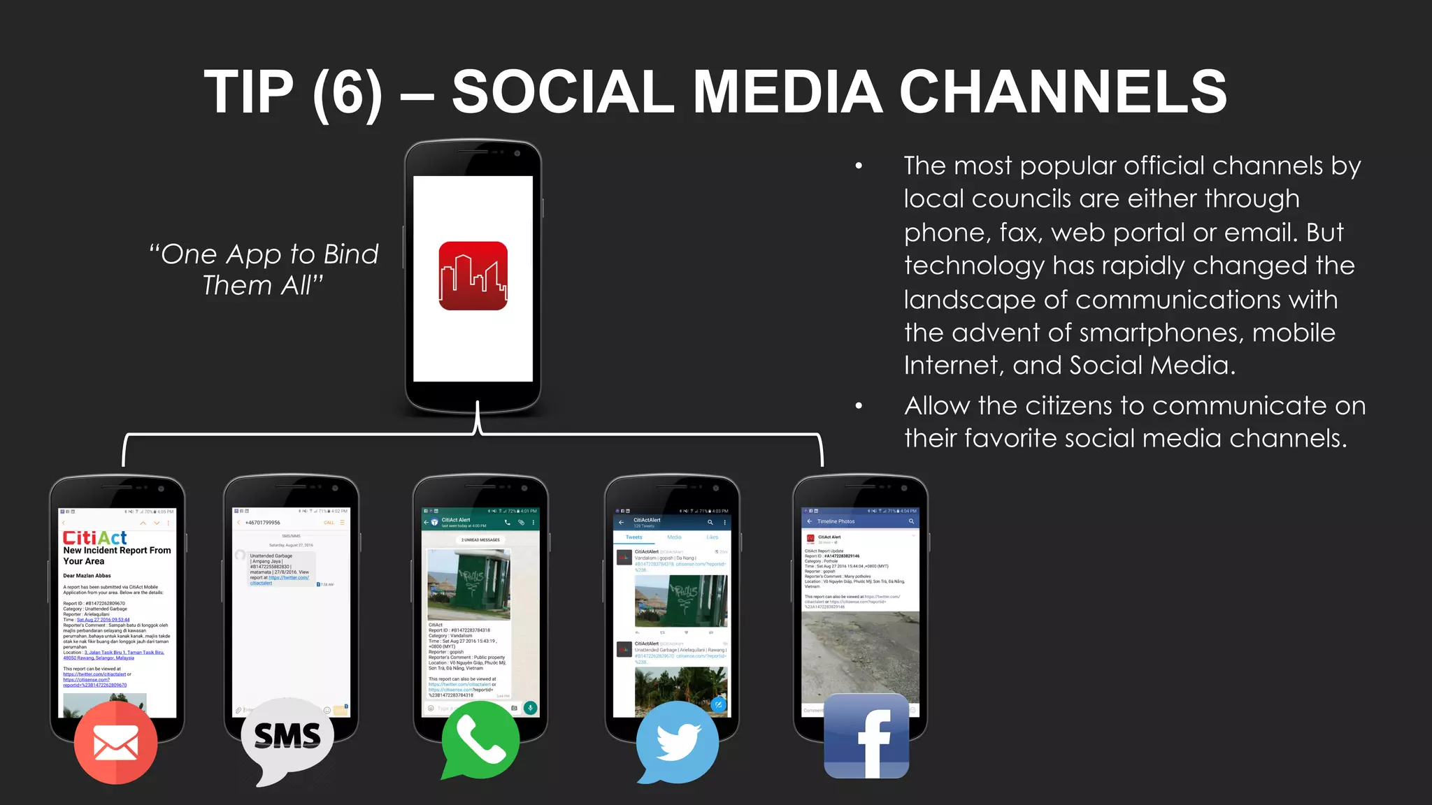 TIP (6) – SOCIAL MEDIA CHANNELS
• The most popular official channels by
local councils are either through
phone, fax, web portal or email. But
technology has rapidly changed the
landscape of communications with
the advent of smartphones, mobile
Internet, and Social Media.
• Allow the citizens to communicate on
their favorite social media channels.
“One App to Bind
Them All”
 
