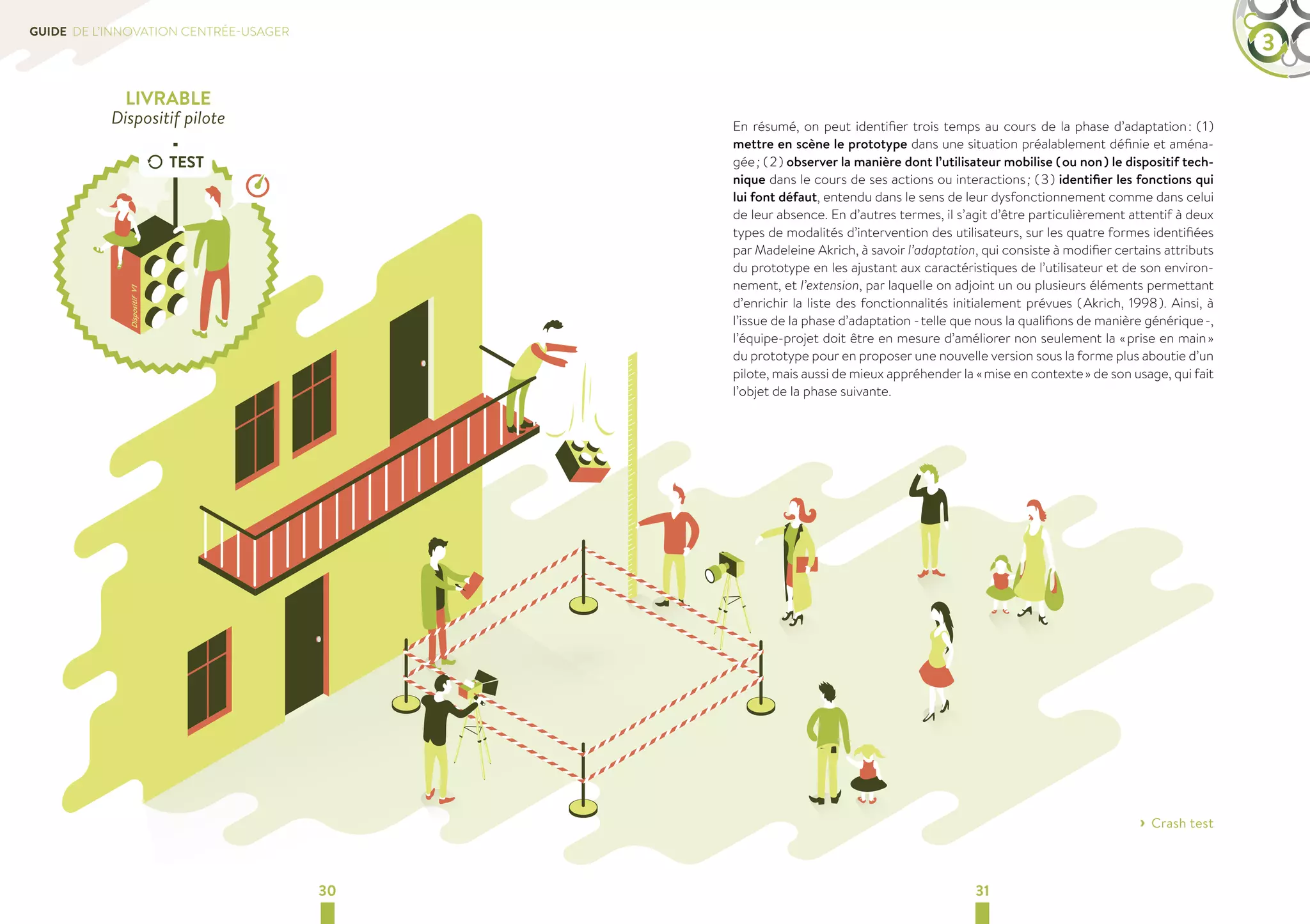 GUIDE DE L’INNOVATION CENTRÉE-USAGER 3 
En résumé, on peut identifier trois temps au cours de la phase d’adaptation : ( 1 ) 
mettre en scène le prototype dans une situation préalablement définie et aména-gée 
; ( 2 ) observer la manière dont l’utilisateur mobilise ( ou non ) le dispositif tech-nique 
dans le cours de ses actions ou interactions ; ( 3 ) identifier les fonctions qui 
lui font défaut, entendu dans le sens de leur dysfonctionnement comme dans celui 
de leur absence. En d’autres termes, il s’agit d’être particulièrement attentif à deux 
types de modalités d’intervention des utilisateurs, sur les quatre formes identifiées 
par Madeleine Akrich, à savoir l’adaptation, qui consiste à modifier certains attributs 
du prototype en les ajustant aux caractéristiques de l’utilisateur et de son environ-nement, 
et l’extension, par laquelle on adjoint un ou plusieurs éléments permettant 
d’enrichir la liste des fonctionnalités initialement prévues ( Akrich, 1998 ). Ainsi, à 
l’issue de la phase d’adaptation - telle que nous la qualifions de manière générique -, 
l’équipe-projet doit être en mesure d’améliorer non seulement la « prise en main » 
du prototype pour en proposer une nouvelle version sous la forme plus aboutie d’un 
pilote, mais aussi de mieux appréhender la « mise en contexte » de son usage, qui fait 
l’objet de la phase suivante. 
30 31 
› ›Crash test 
LIVRABLE 
Dispositif pilote 
 