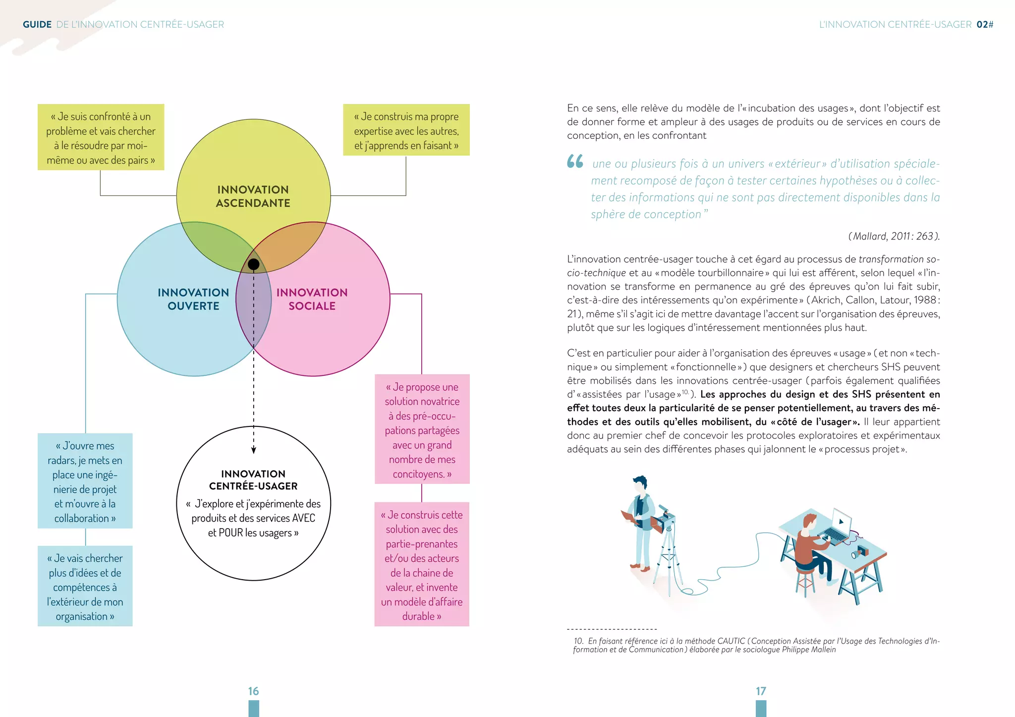 INNOVATION 
ASCENDANTE 
« Je propose une 
solution novatrice 
à des pré-occu-pations 
partagées 
avec un grand 
nombre de mes 
concitoyens. » 
16 17 
GUIDE DE L’INNOVATION CENTRÉE-USAGER 
L'INNOVATION CENTRÉE-USAGER 02# 
En ce sens, elle relève du modèle de l’« incubation des usages », dont l’objectif est 
de donner forme et ampleur à des usages de produits ou de services en cours de 
conception, en les confrontant 
“ une ou plusieurs fois à un univers « extérieur » d’utilisation spéciale-ment 
recomposé de façon à tester certaines hypothèses ou à collec-ter 
des informations qui ne sont pas directement disponibles dans la 
sphère de conception ” 
( Mallard, 2011 : 263 ). 
L’innovation centrée-usager touche à cet égard au processus de transformation so-cio- 
technique et au « modèle tourbillonnaire » qui lui est afférent, selon lequel « l’in-novation 
se transforme en permanence au gré des épreuves qu’on lui fait subir, 
c’est-à-dire des intéressements qu’on expérimente » ( Akrich, Callon, Latour, 1988 : 
21 ), même s’il s’agit ici de mettre davantage l’accent sur l’organisation des épreuves, 
plutôt que sur les logiques d’intéressement mentionnées plus haut. 
C’est en particulier pour aider à l’organisation des épreuves « usage » ( et non « tech-nique 
» ou simplement « fonctionnelle » ) que designers et chercheurs SHS peuvent 
être mobilisés dans les innovations centrée-usager ( parfois également qualifiées 
d’ « assistées par l’usage » 10. ). Les approches du design et des SHS présentent en 
effet toutes deux la particularité de se penser potentiellement, au travers des mé-thodes 
et des outils qu’elles mobilisent, du « côté de l’usager ». Il leur appartient 
donc au premier chef de concevoir les protocoles exploratoires et expérimentaux 
adéquats au sein des différentes phases qui jalonnent le « processus projet ». 
10. En faisant référence ici à la méthode CAUTIC ( Conception Assistée par l’Usage des Technologies d’In-formation 
et de Communication ) élaborée par le sociologue Philippe Mallein 
INNOVATION 
SOCIALE 
INNOVATION 
OUVERTE 
INNOVATION 
CENTRÉE-USAGER 
« J’explore et j’expérimente des 
produits et des services AVEC 
et POUR les usagers » 
« Je construis ma propre 
expertise avec les autres, 
et j’apprends en faisant » 
« J’ouvre mes 
radars, je mets en 
place une ingé-nierie 
de projet 
et m’ouvre à la 
collaboration » 
« Je vais chercher 
plus d’idées et de 
compétences à 
l’extérieur de mon 
organisation » 
« Je construis cette 
solution avec des 
partie-prenantes 
et/ou des acteurs 
de la chaine de 
valeur, et invente 
un modèle d’affaire 
durable » 
« Je suis confronté à un 
problème et vais chercher 
à le résoudre par moi-même 
ou avec des pairs » 
 