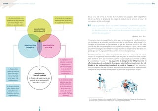 INNOVATION 
ASCENDANTE 
« Je propose une 
solution novatrice 
à des pré-occu-pations 
partagées 
avec un grand 
nombre de mes 
concitoyens. » 
16 17 
GUIDE DE L’INNOVATION CENTRÉE-USAGER 
L'INNOVATION CENTRÉE-USAGER 02# 
En ce sens, elle relève du modèle de l’« incubation des usages », dont l’objectif est 
de donner forme et ampleur à des usages de produits ou de services en cours de 
conception, en les confrontant 
“ une ou plusieurs fois à un univers « extérieur » d’utilisation spéciale-ment 
recomposé de façon à tester certaines hypothèses ou à collec-ter 
des informations qui ne sont pas directement disponibles dans la 
sphère de conception ” 
( Mallard, 2011 : 263 ). 
L’innovation centrée-usager touche à cet égard au processus de transformation so-cio- 
technique et au « modèle tourbillonnaire » qui lui est afférent, selon lequel « l’in-novation 
se transforme en permanence au gré des épreuves qu’on lui fait subir, 
c’est-à-dire des intéressements qu’on expérimente » ( Akrich, Callon, Latour, 1988 : 
21 ), même s’il s’agit ici de mettre davantage l’accent sur l’organisation des épreuves, 
plutôt que sur les logiques d’intéressement mentionnées plus haut. 
C’est en particulier pour aider à l’organisation des épreuves « usage » ( et non « tech-nique 
» ou simplement « fonctionnelle » ) que designers et chercheurs SHS peuvent 
être mobilisés dans les innovations centrée-usager ( parfois également qualifiées 
d’ « assistées par l’usage » 10. ). Les approches du design et des SHS présentent en 
effet toutes deux la particularité de se penser potentiellement, au travers des mé-thodes 
et des outils qu’elles mobilisent, du « côté de l’usager ». Il leur appartient 
donc au premier chef de concevoir les protocoles exploratoires et expérimentaux 
adéquats au sein des différentes phases qui jalonnent le « processus projet ». 
10. En faisant référence ici à la méthode CAUTIC ( Conception Assistée par l’Usage des Technologies d’In-formation 
et de Communication ) élaborée par le sociologue Philippe Mallein 
INNOVATION 
SOCIALE 
INNOVATION 
OUVERTE 
INNOVATION 
CENTRÉE-USAGER 
« J’explore et j’expérimente des 
produits et des services AVEC 
et POUR les usagers » 
« Je construis ma propre 
expertise avec les autres, 
et j’apprends en faisant » 
« J’ouvre mes 
radars, je mets en 
place une ingé-nierie 
de projet 
et m’ouvre à la 
collaboration » 
« Je vais chercher 
plus d’idées et de 
compétences à 
l’extérieur de mon 
organisation » 
« Je construis cette 
solution avec des 
partie-prenantes 
et/ou des acteurs 
de la chaine de 
valeur, et invente 
un modèle d’affaire 
durable » 
« Je suis confronté à un 
problème et vais chercher 
à le résoudre par moi-même 
ou avec des pairs » 
 