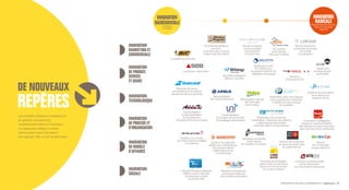 INNOVATION NOUVELLE GÉNÉRATION Bpifrance 3
INNOVATION
MARKETING ET
COMMERCIALE
INNOVATION
TECHNOLOGIQUE
INNOVATION
DEPROCÉDÉET
D’ORGANISATION
INNOVATION
DEMODÈLE
D’AFFAIRES
INNOVATION
SOCIALE
INNOVATION
DEPRODUIT,
SERVICE
ETUSAGE
Produits alimentaires
premium,
communication ludique
et liens avec les clients
Appareils intelligents
axés sur la santé
Solutions
d’impression 3D
Site de shopping
communautaire
pour produits
mode et luxe
Applications web
et mobiles pour
les patients atteints de
maladies chroniques
Service de lecture
numérique de presse
sur mobile
et ordinateur
Un compte
sans banque
chez son buraliste
La qualité au prix juste
La friteuse « sans huile »
Système de stimulation
de la rétine pour
restaurer la vue
Service
de covoiturage
longue-distance
Raquette de tennis
connectée pour la mesure
des performances sportives
Automatisation
et standardisation
de la production
d’équipements automobiles
Créateur du concept
de ventes événementielles
sur Internet
L’Activité Physique Adaptée
(APA) comme méthode
de prévention santé
et de bien-être
Réussir le recrutement
des jeunes diplômés
des quartiers populaires
Favoriser les échanges
directs entre producteurs
locaux et communautés
de consommateurs
L’insertion professionnelle
par la restauration
de monuments historiques
Solution de paiement
dédiée aux marketplaces,
à la consommation
collaborative et au
crowdfunding
Opérateur de reprise
et de revente
de mobiles d’occasion
Corners de confection
et vente de sushis frais
en supermarché
Industrialisation
d’une ligne de production
d’emballages alimentaires
Remotorisation
de l’A320 (A320neo) Motorisation hybride
des véhicules
automobiles
Exploitation des micro-algues
pour produire des molécules
d’intérêt pour les produits
du quotidien
Distributeur de fournitures
industrielles, fédérateur de relations
collaboratives transverses
entre ses clients et fournisseurs
Innovation managériale
basée sur l’autonomisation
des salariés et l’open innovation
dans une biscuiterie centenaire
L’énergie de bâtir
Plateforme
de financement
participatif
Les sociétés choisies en exemple ont,
en général, une approche
multidimensionnelle de l’innovation.
Le classement réalisé ci-contre
met en avant l’axe d’innovation
principal de l’offre ou de l’activité citée.
INNOVATION
RADICALE
Transforme le marché,
crée un nouveau
marché
INNOVATION
INCRÉMENTALE
Améliore
l’existant
 