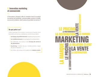 INNOVATION NOUVELLE GÉNÉRATION Bpifrance 88
3. Innovation marketing
et commerciale
L’innovation change-t-elle la manière dont le produit
ou service est présenté, commercialisé, promu ou tarifé,
ou encore la relation client autour du produit ou service ?
De quoi parle-t-on ?
Cette typologie d’innovation concerne la manière dont
le produit ou le service s’adresse au marché et aux clients :
•	 lamarque,lepositionnementmarketingetlapromotion ;
•	 le conditionnement, le packaging et la présentation ;
•	 les méthodes, les canaux et les formes de vente et
de distribution  ;
•	 le pricing ( niveaux de prix, modèle tarifaire, degré
de personnalisation… ) ;
•	 le contenu, les canaux et la qualité de la relation client.
 