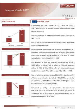 Investor Guide 2012



AGRO-ALIMENTAIRE                                                      COSUMAR (suite)

 Evolu on des dividendes ( En MDhs) et du taux distribu on   d’exploita on qui sont passées de 52,2 MDhs en 2010 à
                                                   419,1     -204,9 MDhs en 2011, du fait de la poli que d’inves ssement enga-
                                                             gée par l’entreprise.
                                                   66,8%
                                                             Dans ces condi ons, la marge opéra onnelle perd 4,6 pts pour se
           360,4

                                                             ﬁxer à 16,2%.
            62,1%


            2010                                   2011
                                                             Pour sa part, le résultat ﬁnancier ressort déﬁcitaire à -42,2 MDHS
                    Dividendes       Taux de distribution    contre 10,9 MDhs en 2010.

      Evolu on du Chiﬀre d’aﬀaires social (En MDhs)
                                                             Paradoxalement, le résultat net part du groupe se boniﬁe de 7,7% à
                                                             622 MDhs, proﬁtant notamment de non récurrence d’un résultat
                                 +4,7%
                                                 4 723,2     non courant déﬁcitaire de 341,6 MDhs en 2010. Ainsi, la marge
                                                             ne e s’établit à 10,3% contre 9,9% en 2010.
            4 511,8

                                                             Côté bilanciel, le fonds de roulement s’amenuise de 56,1% à
                                                             116,4 MDhs, au moment où le besoin en fonds de roulement
              2010                                 2011
                                                             s’allège de 7,0% à 902,8 MDhs. Enﬁn, la trésorerie ne e creuse
                                                             son déﬁcit et se ﬁxe à -786,4 MDhs contre -705,9 MDhs en 2010.

     Evolu on du Résultat d’exploita on social (En MDhs)     Pour ce qui est ses agrégats sociaux, COSUMAR a réalisé un chiﬀre
                                                             d’aﬀaires en améliora on de 4,7% à 4 723,2 MDhs, un résultat
                                                             d’exploita on de 692,6 MDhs (vs 698,8 MDhs en 2010) et un résul-
                                   -0,9%                     tat net en hausse de 8,1% à 627,4 MDhs.

           698,8
                                                             Concernant sa poli que de rémunéra on des ac onnaires,
                                                 692,6
                                                             COSUMAR prévoit la distribu on d’un dividende par ac on de
                                                             100 Dhs (86 Dhs en 2010) pour un global de 419,1 MDhs, soit un
            2010                                  2011       payout de 66,8% (vs 62,1% en 2010).




                                                                      104
 