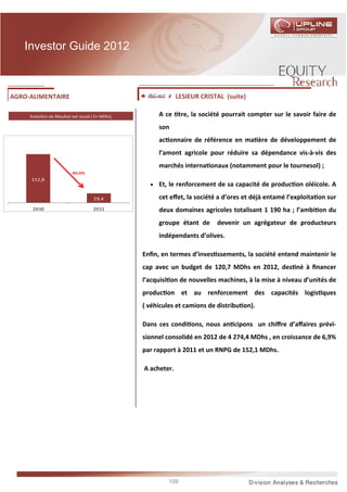 Investor Guide 2012



AGRO-ALIMENTAIRE                                               LESIEUR CRISTAL (suite)

     Evolu on du Résultat net social ( En MDhs)         A ce tre, la société pourrait compter sur le savoir faire de
                                                        son
                                                        ac onnaire de référence en ma ère de développement de
                                                        l’amont agricole pour réduire sa dépendance vis-à-vis des
                                                        marchés interna onaux (notamment pour le tournesol) ;
                          -80,8%
     152,8
                                                    •   Et, le renforcement de sa capacité de produc on oléicole. A
                                     29,4               cet eﬀet, la société a d’ores et déjà entamé l’exploita on sur
      2010                           2011               deux domaines agricoles totalisant 1 190 ha ; l’ambi on du
                                                        groupe étant de     devenir un agrégateur de producteurs
                                                        indépendants d’olives.

                                                  Enﬁn, en termes d’inves ssements, la société entend maintenir le
                                                  cap avec un budget de 120,7 MDhs en 2012, des né à ﬁnancer
                                                  l’acquisi on de nouvelles machines, à la mise à niveau d’unités de
                                                  produc on et au renforcement des capacités logis ques
                                                  ( véhicules et camions de distribu on).

                                                  Dans ces condi ons, nous an cipons un chiﬀre d’aﬀaires prévi-
                                                  sionnel consolidé en 2012 de 4 274,4 MDhs , en croissance de 6,9%
                                                  par rapport à 2011 et un RNPG de 152,1 MDhs.

                                                  A acheter.




                                                           109
 