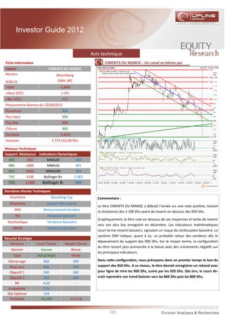 Investor Guide 2012


                                                       Avis technique
Fiche Informa on                                              CIMENTS DU MAROC : Un canal en béton qui
Valeur :                   CIMENTS DU MAROC
Reuters                            Bloomberg
SCM:CS                              CMA: MC
Ydate                               -4,84%
+Haut 2012                           1 095
+Bas 2012                            904
Physionomie Séances du 13/04/2012
Ouverture                            904
Plus Haut                            904
Plus Bas                             904
Clôture                              904
Varia on                            -5,83%
Volumes                        1 774 552,00 Dhs

Niveaux Techniques
Support Résistance Indicateurs Dynamiques
  900        950        MMA20           984
  880       1000        MMA50           991
  850       1040       MMA100           963
  750       1100      Bollinger B+     1 063
  700         1160      Bollinger B-            905
Dernières Alertes Techniques
   Char sme                    Rounding Top               Commentaire :
   Char sme               Epaule-Tête-Epaule
                                                          Le tre CIMENTS DU MAROC a débuté l’année sur une note posi ve, testant
      DMI               Retournement Vendeur
                                                          la résistances des 1 100 Dhs avant de revenir en dessous des 950 Dhs.
        RSI               Tendance Baissière
                                                          Graphiquement, le tre cote en dessous de ses moyennes et tente de revenir
 Stochas que              Tendance Baissière
                                                          vers son plus bas enregistré en décembre. Les indicateurs mathéma ques
     MACD                 Tendance Baissière
                                                          court terme restent baissiers, signalant un risque de con nua on baissière. Le
                                                          système DMI indique, quant à lui, un probable retour des vendeurs dès le
Résumé Stratégie
                                                          dépassement du support des 900 Dhs. Sur le moyen terme, la conﬁgura on
   Horizons          Court Terme       Moyen Terme
                                                          du tre ressort plus prononcée à la baisse avec des croisements néga fs sur
   Opinion             Hausse                Baisse
                                                          les principaux indicateurs.
     Type            Achat/Repli             Vente
 Démarrage              860                    900        Dans ce e conﬁgura on, nous prévoyons dans un premier temps le test du
  Stop Loss             845                    930        support des 850 Dhs. A ce niveau, le tre devrait enregistrer un rebond avec
  Objec f 1             900                    860        pour ligne de mire les 900 Dhs, suivie par les 920 Dhs. Dès lors, le cours de-
  Objec f 2             920                    800        vrait reprendre son trend baissier vers les 860 Dhs puis les 800 Dhs.
     RR                 4,00                     -
 Probabilité            71%                      -
 Qté Op mal             334                      -
  Poten el             +6,52%                -11.11%


                                                                 125
 