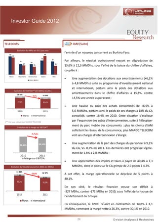 Investor Guide 2012



TELECOMS                                                                       IAM (Suite)
               Evolu on du ARPU en 2011 par pays
                                                        95
                                                                         l’entrée d’un nouveau concurrent au Burkina Faso.
    93
          87
                                                  72
                                                               67
                  54
                                  53
                                                                         Par ailleurs, le résultat opéra onnel ressort en dégrada on de
                        47                                          45
                                        41
                                                                         13,6% à 12,3 MMDhs, sous l’eﬀet de la baisse du chiﬀre d’aﬀaires,
                                                                         couplée à :
    Maroc        Mauritanie     Burkina Faso      Gabon        Mali
                                                                         •    Une augmenta on des dota ons aux amor ssements (+6,1%
                                2010     2011

                                                                              à 4,8 MMDhs) suite au programme d’inves ssement na onal
                                                                              et interna onal, portant ainsi le poids des dota ons aux
            Evolu on de l’EBITDA** (En MDhs) en 2011
               18 605
                                                                              amor ssements dans le chiﬀre d’aﬀaires à 15,8%, contre
                                     -8,6%         16 996
                12,8%
                                                   14,4%                      14,5% une année auparavant ;
                87,2%                                  85,6%

                                                                         •    Une hausse du coût des achats consommés de +6,9% à
                2010                                   2011                   5,6 MMDhs, portant ainsi le poids de ces charges à 18% du CA
                        Maroc          International                          consolidé, contre 16,4% en 2010. Ce e situa on s’explique
(**) tel que calculé par MAROC TELECOM
                                                                              par l’expansion des coûts d’interconnexion, suite à l’élargisse-
                                                                              ment du parc mobile des concurrents : plus les clients d’IAM
                Evolu on de la marge sur EBITDA**
                                                                              sollicitent le réseau de la concurrence, plus MAROC TELECOM
                                   -3,7 pts
                                                                              voit ses charges d’interconnexion s’élargir.

                                                55,10%                   •    Une augmenta on de la part des charges du personnel à 9,1%
                  58,80%
                                                                              du CA, Vs. 8,7% en 2011. Ces dernières ont progressé légère-
                                                                              ment de 1,8% à 2,8 MMDhs ;
                   2010           2011
                      Marge sur EBITDA
                                                                         •    Une apprécia on des impôts et taxes à payer de 40,4% à 1,3
         Evolu on du Résultat courant en 2011 (en MDhs)                       MMDhs, dont le poids sur le CA grimpe de 2,9 points à 4,2%.
               14 327                              12 375
                7,8%
                                   -13,6%                                A cet eﬀet, la marge opéra onnelle se déprécie de 5 points à
                                                       9,0%
                                                                         40,1%.
               92,2%                               91,0%

                                                                         De son côté, le résultat ﬁnancier creuse son déﬁcit à
                                                                         -327 MDhs, contre -171 MDhs en 2010, sous l’eﬀet de la hausse de
               2010                                2011
                                                                         l’ende ement du Groupe.
                        Maroc          International
                                                                         En conséquence, le RNPG ressort en contrac on de 14,8% à 8,1
                                                                         MMDhs, ramenant la marge ne e à 26,3%, contre 30,1% en 2010.


                                                                                   29
 