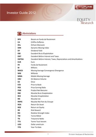 Investor Guide 2012




           Abrévia ons

       BFR       Besoin en Fonds de Roulement
       CA        Chiﬀre d'aﬀaires
       Dhs       Dirham Marocain
       DMI       Dynamic Moving Index
       DY        Dividend Yield
       EBE       Excedent Brut d'Exploita on
       EBIT      Excedent Before Interest and Taxes
       EBITDA    Excedent Before Interest, Taxes, Deprecia ons and Amor za ons
       EUR       Euro
       FR        Fonds de Roulement
       M         Millions
       MACD      Moving Average Convergence Divergence
       MM        Milliards
       MMA       Mobile Moving Average
       OBV       On Balance Volume
       OZ        Once
       P/B       Price to Book
       PER       Price Earning Ra o
       PNB       Produit Net Bancaire
       RBE       Résultat Brut d'exploita on
       REX       Résultat d'exploita on
       RN        Résultat net
       RNPG      Résultat Net Part du Groupe
       ROA       Return On Asset
       ROE       Return on Equity
       RR        Risk Reward
       RSI       Rela ve Strength Index
       TM        Tonne Métal
       TN        Trésorerie Ne e
       TTV       Tonne Tout-Venant
       USD       Dollar américain
       YTD       Year-To-Date


                                    3
 