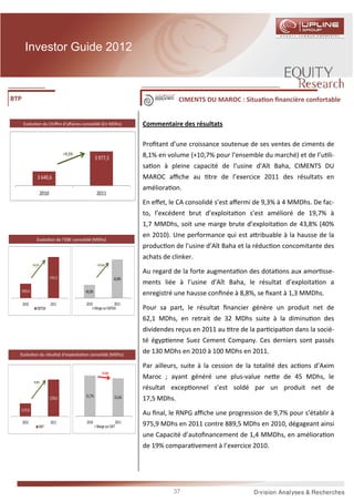 Investor Guide 2012



BTP                                                                                         CIMENTS DU MAROC : Situa on ﬁnancière confortable


      Evolu on du Chiﬀre d’aﬀaires consolidé (En MDhs)                         Commentaire des résultats

                                                                               Proﬁtant d’une croissance soutenue de ses ventes de ciments de
                                      +9,3%
                                                      3 977,5                  8,1% en volume (+10,7% pour l’ensemble du marché) et de l’u li-
                                                                               sa on à pleine capacité de l’usine d’Aît Baha, CIMENTS DU
                 3 640,6                                                       MAROC aﬃche au        tre de l’exercice 2011 des résultats en
                                                                               améliora on.
                      2010                             2011
                                                                               En eﬀet, le CA consolidé s’est aﬀermi de 9,3% à 4 MMDhs. De fac-
                                                                               to, l’excédent brut d’exploita on s’est amélioré de 19,7% à
                                                                               1,7 MMDhs, soit une marge brute d’exploita on de 43,8% (40%
                                                                               en 2010). Une performance qui est a ribuable à la hausse de la
                Evolu on de l’EBE consolidé (MDhs)
                                                                               produc on de l’usine d’Aît Baha et la réduc on concomitante des
                                                                               achats de clinker.
             +19,7%                                     +3,8 pts
                                                                               Au regard de la forte augmenta on des dota ons aux amor sse-
                             1741,5                                   43,8%
                                                                               ments liée à l’usine d’Aît Baha, le résultat d’exploita on a
  1455,4                                      40,0%                            enregistré une hausse conﬁnée à 8,8%, se ﬁxant à 1,3 MMDhs.
      2010                   2011             2010                   2011
                 EBITDA                               Marge sur EBITDA         Pour sa part, le résultat ﬁnancier génère un produit net de
                                                                               62,1 MDhs, en retrait de 32 MDhs suite à la diminu on des
                                                                               dividendes reçus en 2011 au tre de la par cipa on dans la socié-
                                                                               té égyp enne Suez Cement Company. Ces derniers sont passés
  Evolu on du résultat d’exploita on consolidé (MDhs)
                                                                               de 130 MDhs en 2010 à 100 MDhs en 2011.

                                                                               Par ailleurs, suite à la cession de la totalité des ac ons d’Axim
                                                            -0,1pts
                                                                               Maroc ; ayant généré une plus-value ne e de 45 MDhs, le
              +8,8%
                                                                               résultat excep onnel s’est soldé par un produit net de
                                              31,7%
                             1258,0                                   31,6%    17,5 MDhs.
  1155,8
                                                                               Au ﬁnal, le RNPG aﬃche une progression de 9,7% pour s’établir à
      2010                   2011             2010                      2011
                  EBIT                                 Marge sur EBIT          975,9 MDhs en 2011 contre 889,5 MDhs en 2010, dégageant ainsi
                                                                               une Capacité d’autoﬁnancement de 1,4 MMDhs, en améliora on
                                                                               de 19% compara vement à l’exercice 2010.




                                                                                          37
 